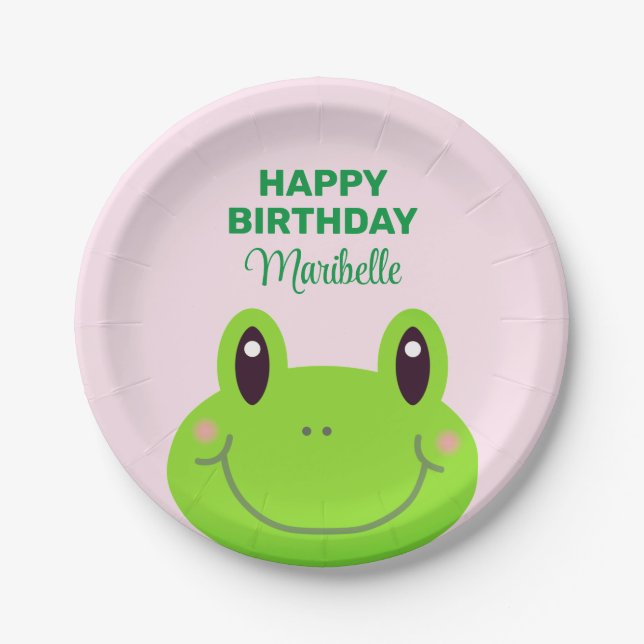 Frog Happy Birthday Cute Pink Paper Plate (Front)