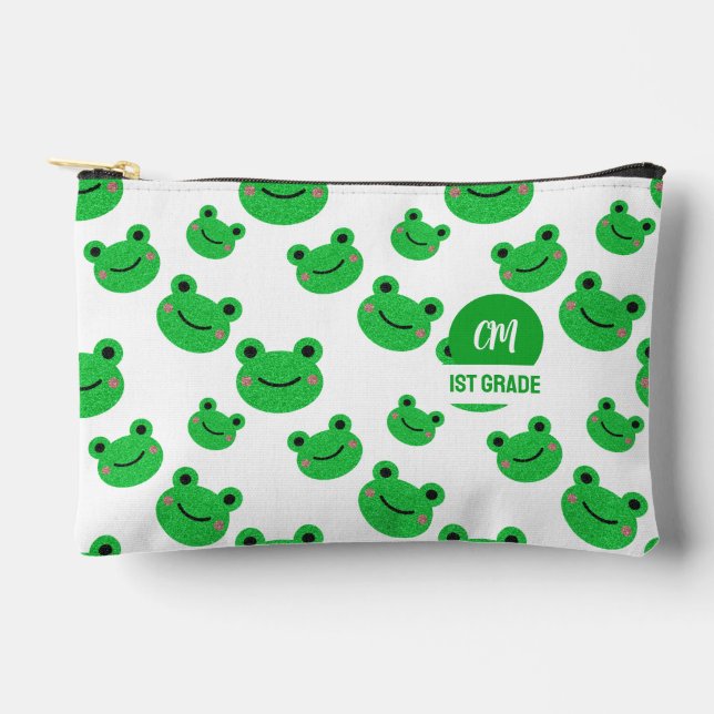 Frog Happy Face Pattern Green Monogram School Accessory Pouch (Front)