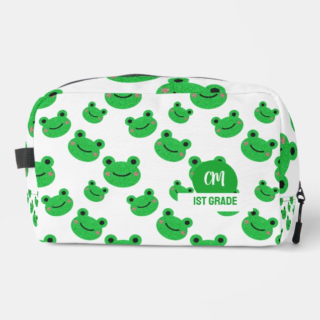 Frog Happy Face Pattern Green Monogram School Dopp Kit (Front)