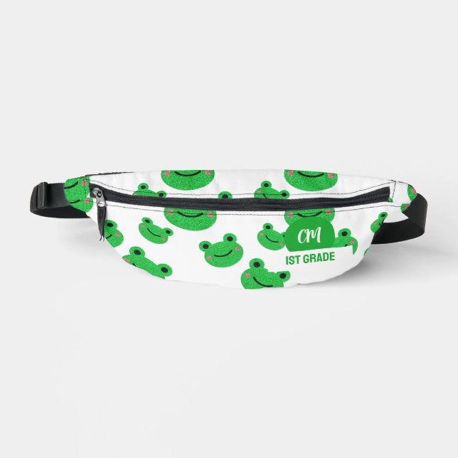 Frog Happy Face Pattern Green Monogram School Fanny Pack (Front)