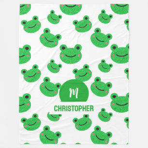Frog Happy Face Pattern Green Monogram School Fleece Blanket