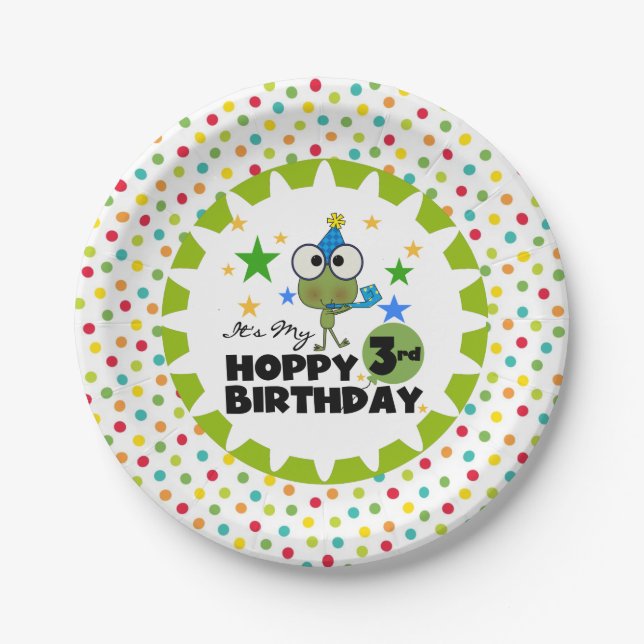 Frog Hoppy 3rd Birthday Paper Plates (Front)