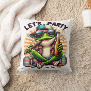 Frog in a cap enjoying a party on a skateboard throw pillow