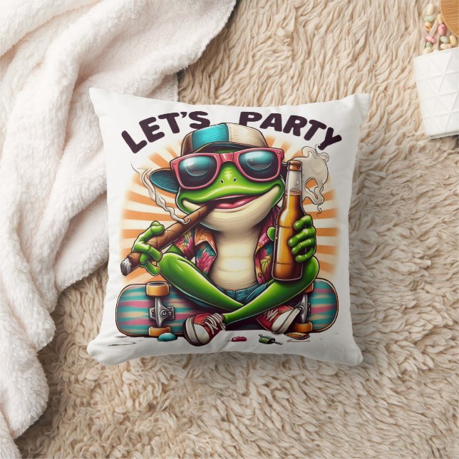 Frog in a cap enjoying a party on a skateboard throw pillow (Blanket)
