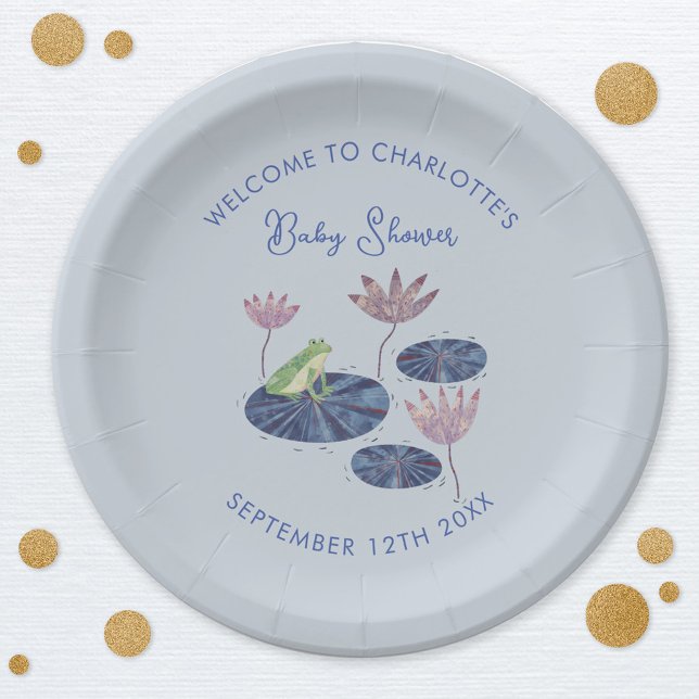 Frog in a Lily Pond Cute Baby Shower Paper Plate (Cute frog baby shower personalized party paper plate)