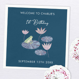 Frog in a Lily Pond Cute First Birthday Party Napkin