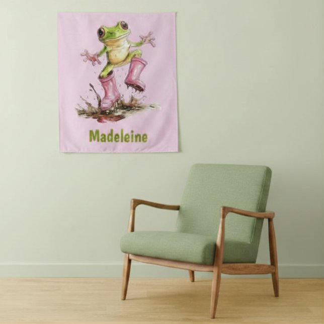 Frog in Cute Pink Boots in Puddle Monogram Child's Tapestry (Creator Uploaded)