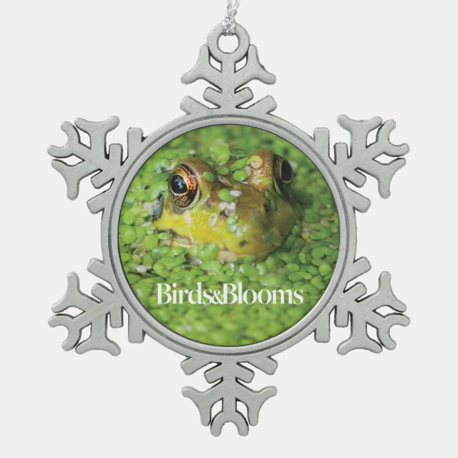 Frog in Green Algae Snowflake Pewter Christmas Ornament (Front)