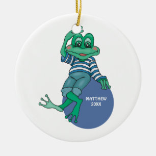 Frog in Jeans, Birthday, Polka Dots Ceramic Ornament