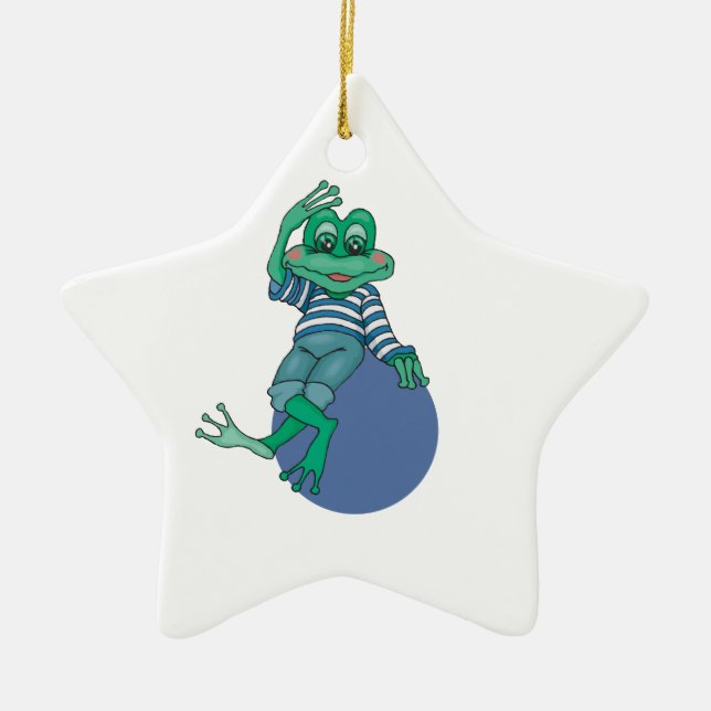 Frog in Jeans, Birthday, Polka Dots, Custom Name Ceramic Ornament (Front)