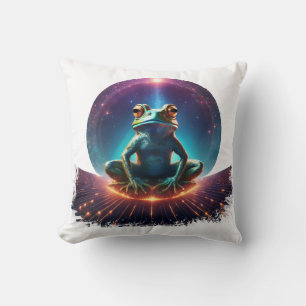 Frog in lotus pose on a floating asteroid with sta throw pillow
