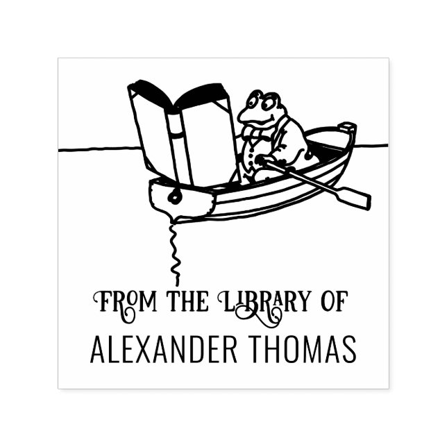 Frog in Row Boat Reading Book Library Name Self-inking Stamp (Design)