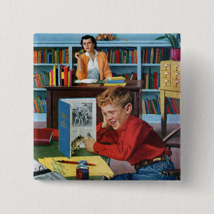 Frog in the Library 2 Inch Square Button
