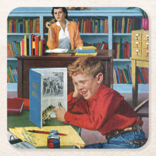 Frog in the Library Square Paper Coaster