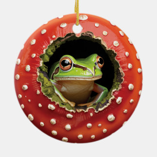 Frog in Toadstool – Cute Woodland Mushroom Art Ceramic Ornament