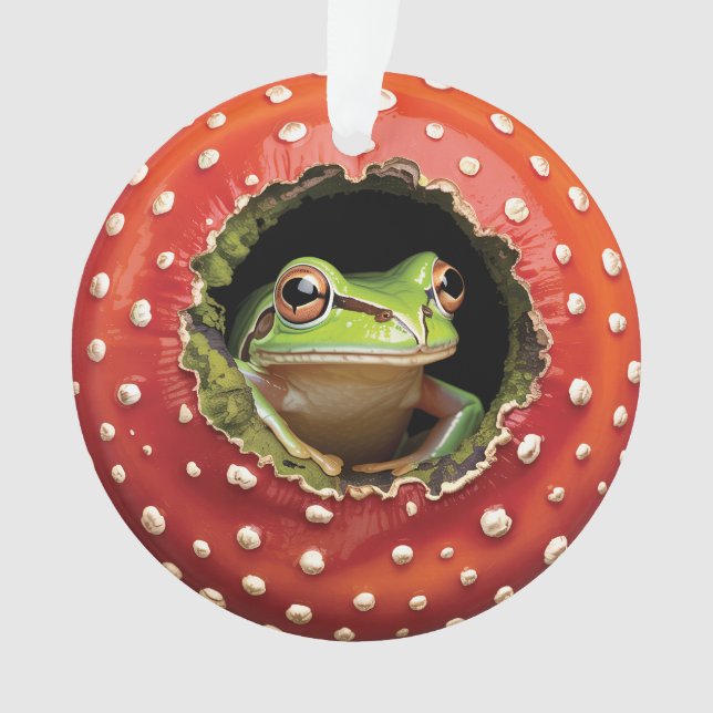 Frog in Toadstool – Cute Woodland Mushroom Art Ornament (Front)