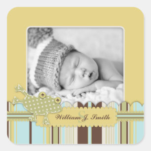 Frog Leaping over Stripe Print Birth Announcement Square Sticker