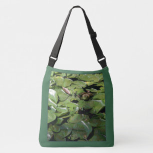 Frog, Lily Pads, Pink Camelias Crossbody Bag