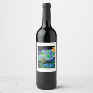 Frog Lover, Starry Night Frog, Van Gogh Frog, Funn Wine Label