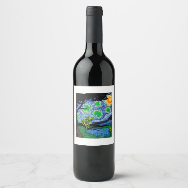 Frog Lover, Starry Night Frog, Van Gogh Frog, Funn Wine Label (Front)