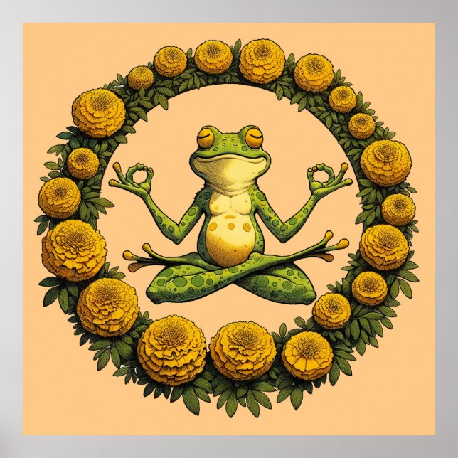 Frog Meditation Froggy Yoga Marigolds              Poster (Front)