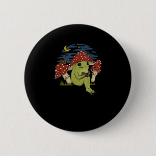 Frog Mushroom Hat Reading Book - Cottagecore Gobli 2 Inch Round Button