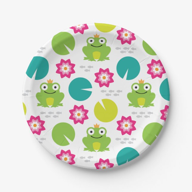 Frog & Nenuphar Seamless Pattern Paper Plate (Front)