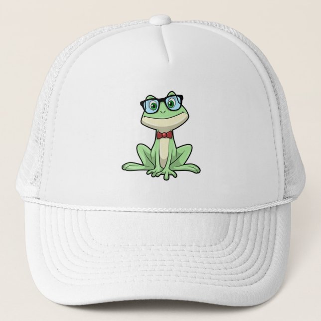 Frog Nerd Student Glasses Tie Trucker Hat (Front)