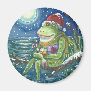 FROG ON A LOG, HOLIDAY CHRISTMAS MAGNET Round