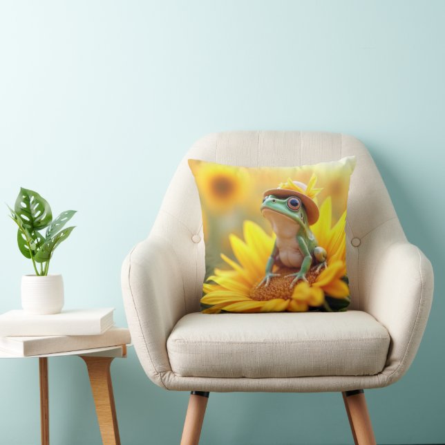 Frog On a Sunflower Throw Pillow (Chair)