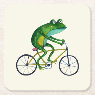 Frog On Bicycle Square Paper Coaster