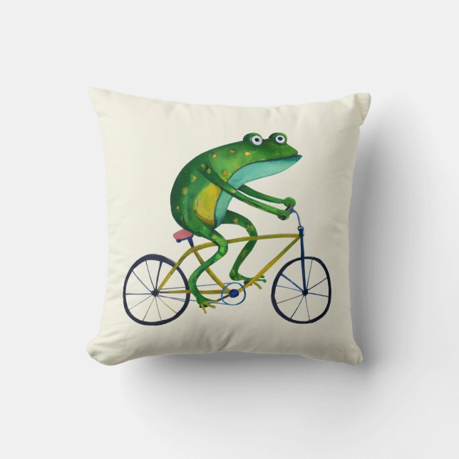 Frog On Bicycle Throw Pillow (Front)