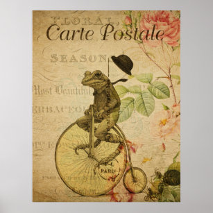 Frog on Bicycle Vintage French Postcard Poster