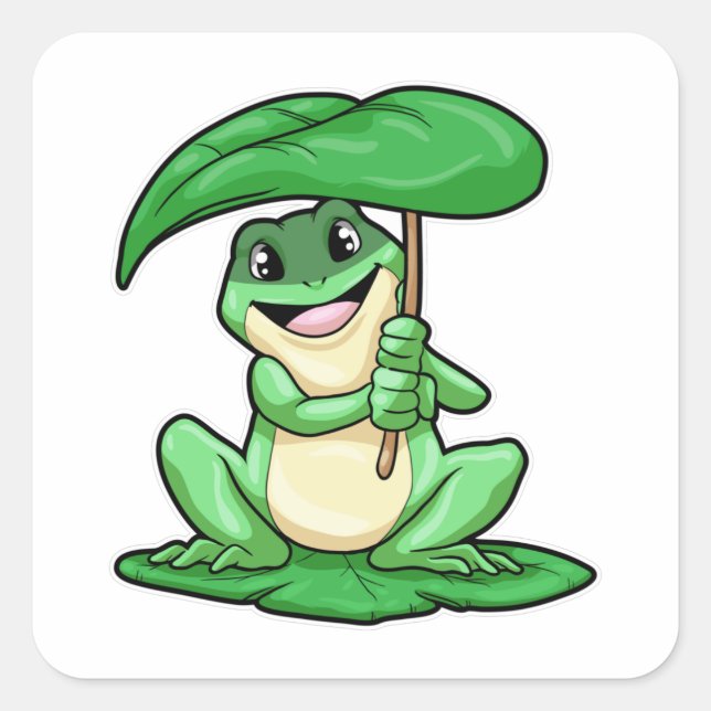 Frog on Leaf with Umbrella Square Sticker (Front)