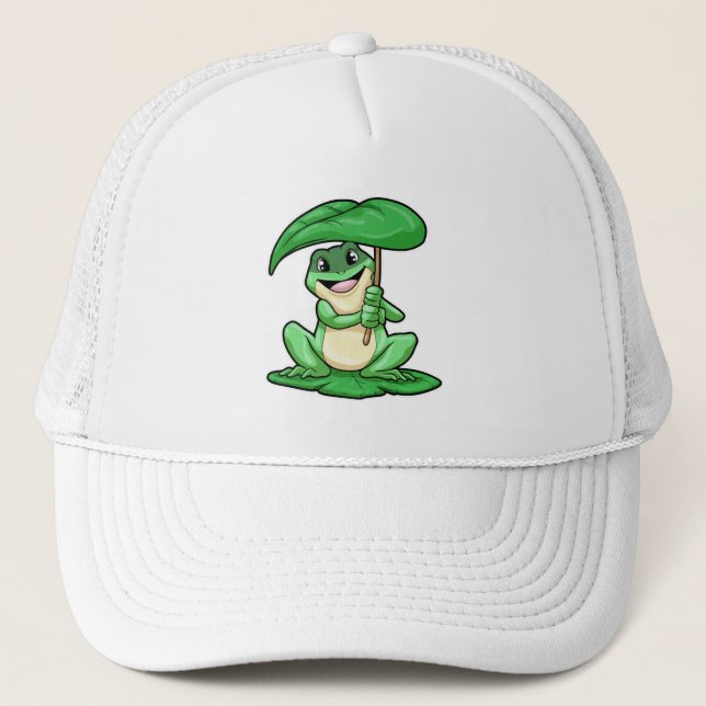 Frog on Leaf with Umbrella Trucker Hat (Front)