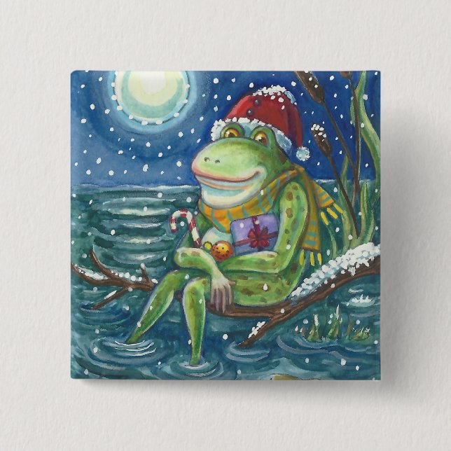 FROG ON LOG CHRISTMAS HOLIDAY BUTTON Square (Front)