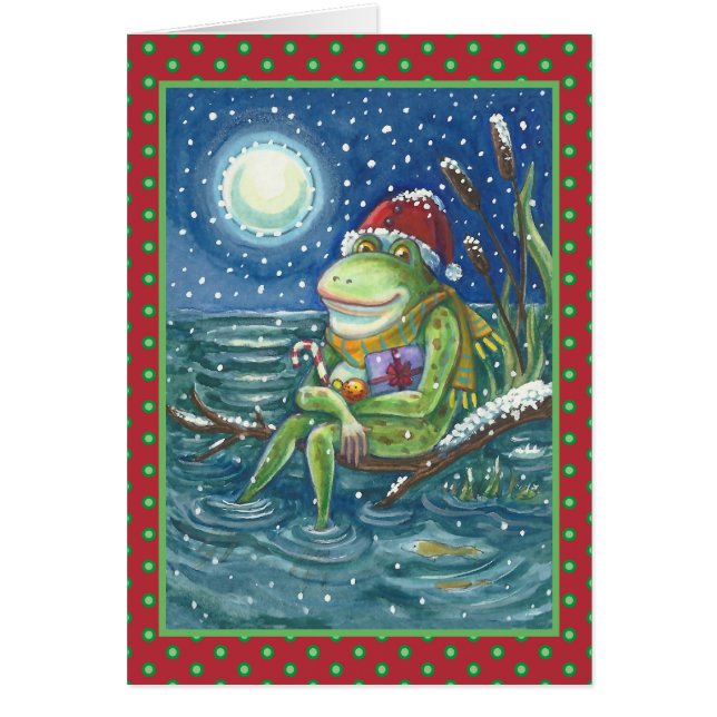 FROG ON LOG, GREEN SANTA CHRISTMAS CARD Blank     (Front)