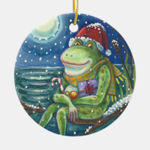 FROG ON LOG WARMS THE HEART, FUNNY, CUTE CHRISTMAS CERAMIC ORNAMENT