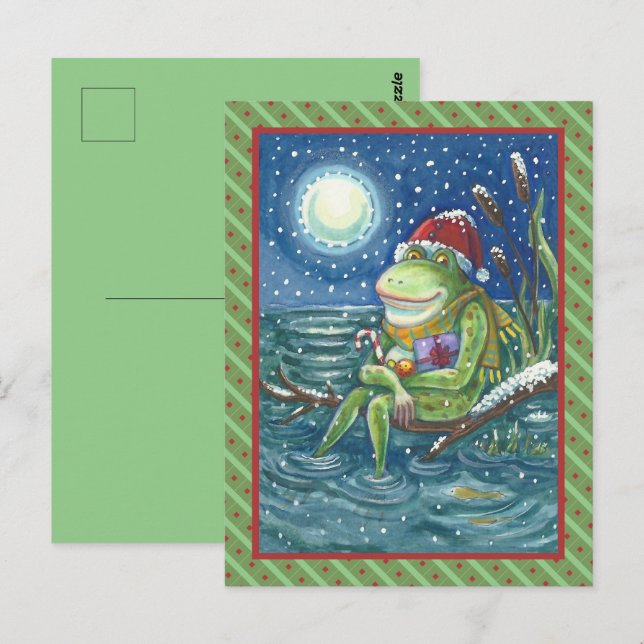 FROG ON LOG WARMS THE HEART, FUNNY, CUTE CHRISTMAS POSTCARD (Front/Back)