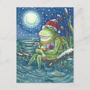 FROG ON LOG WARMS THE HEART, FUNNY, CUTE CHRISTMAS POSTCARD