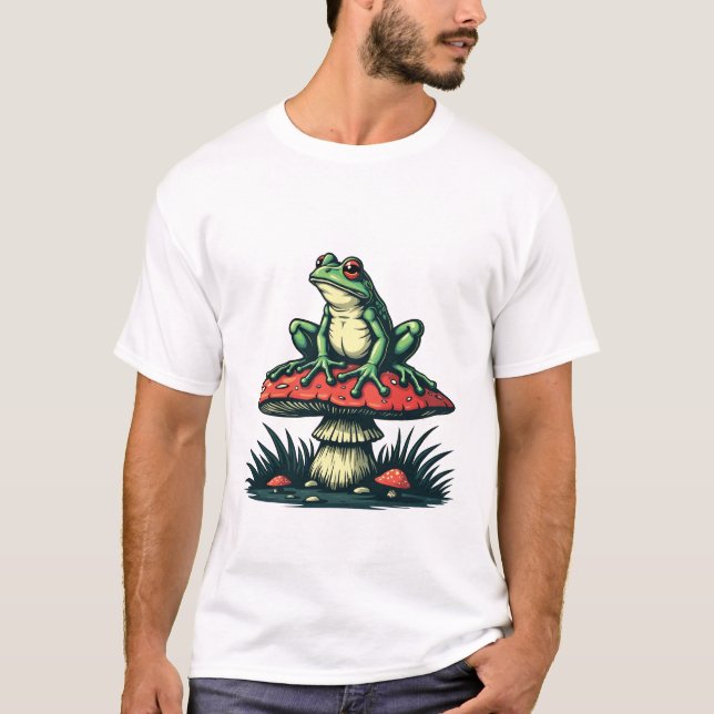 Frog on Mushroom Cottagecore Forest Magic Fungi T-Shirt (Front)