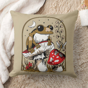 Frog on Mushroom Under Moonlit Sky Throw Pillow