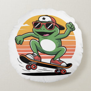 Frog on skateboard round pillow