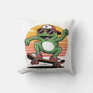 Frog on skateboard throw pillow