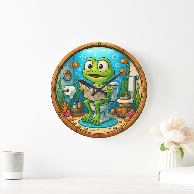 Frog on Toilet Funny Wood  Looking frame  Large Clock (Home)