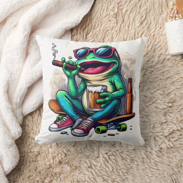 Frog partying on a skateboard with drinks! throw pillow (Blanket)