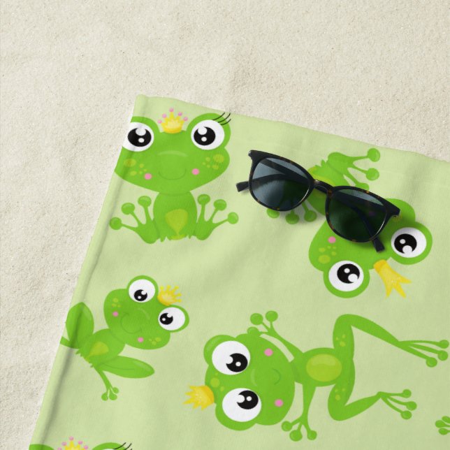 Frog Pattern, Cute Frogs, Green Frogs, Frog Prince Beach Towel (In Situ)