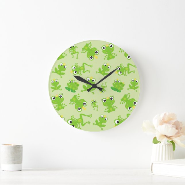Frog Pattern, Cute Frogs, Green Frogs, Frog Prince Large Clock (Home)