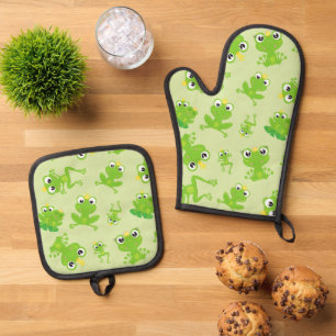 Frog Pattern, Cute Frogs, Green Frogs, Frog Prince Oven Mitt & Pot Holder Set