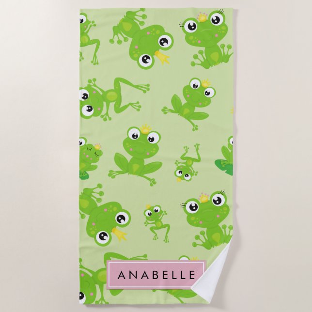 Frog Pattern,  Green Frogs, Frog Prince, Your Name Beach Towel (Front)